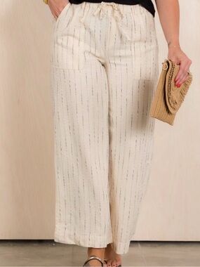 Thread & Supply Wide Leg Drawstring Linen-Blend Pants in Cream Stripe